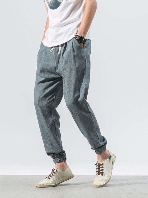 Men's Casual Comfort Woven Harem Pants in Cotton-Linen Blend - MENLL