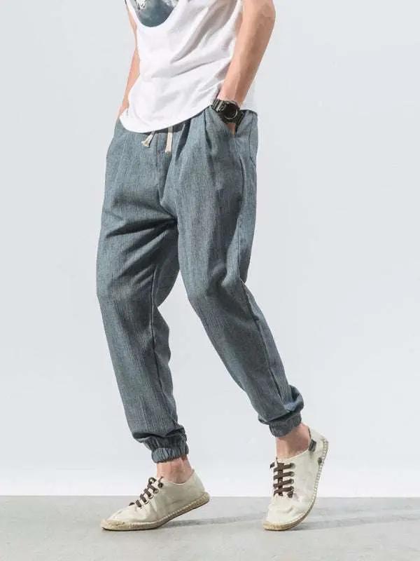 Men's Casual Comfort Woven Harem Pants in Cotton-Linen Blend - MENLL