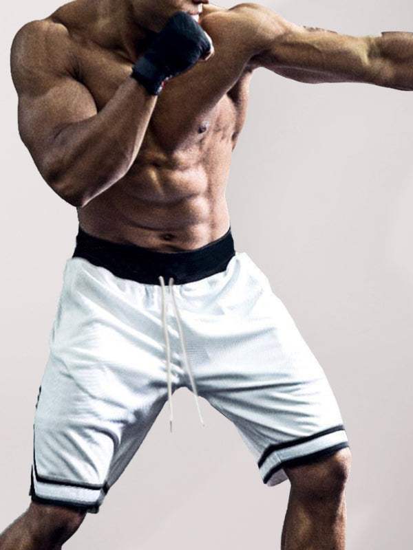 Men's outdoor fitness shorts, white with black trim, perfect for basketball and leisure activities, featuring an adjustable drawstring waist.