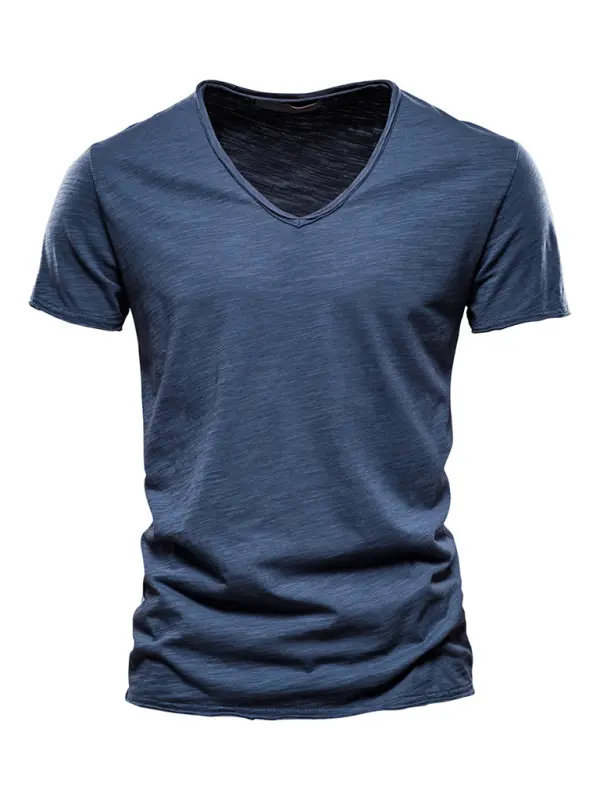 Men's Stylish Solid Slub Cotton V-Neck Tee - Perfect for Spring-Summer Leisure - MENLL