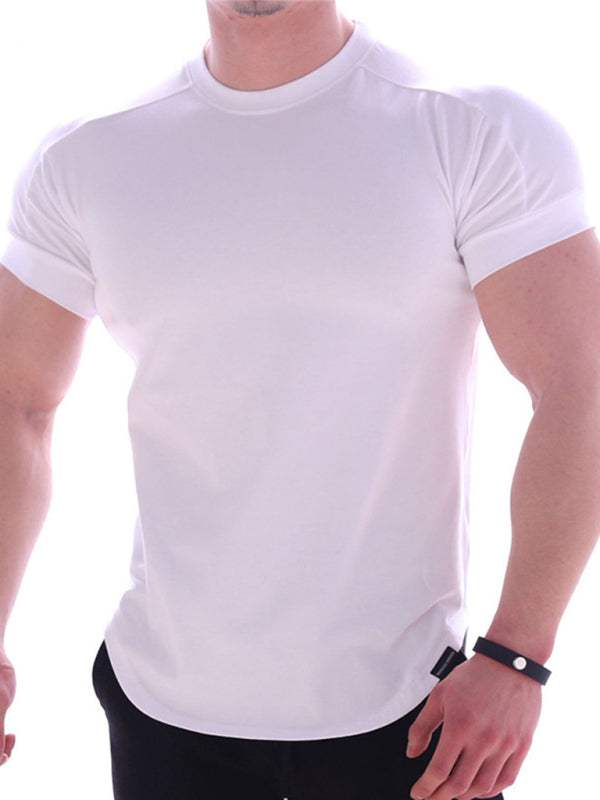 Quick-dry elastic fit sports tee with trendy round neck and short sleeves for active lifestyle.