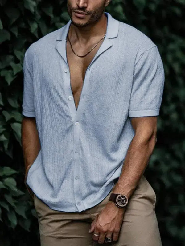 Men Shirts - Effortlessly Stylish V-Neck Knit Short Sleeve Cardigan fo - Men Shirts | MENLL