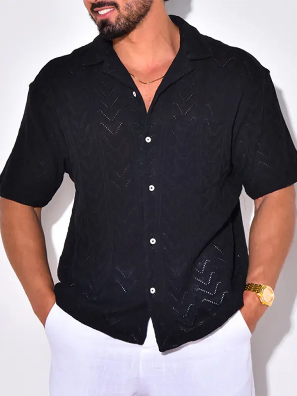 MENLL White Knitted Shirt Men's Casual Relaxed Fit Short Sleeve Stylish Top by MENLL