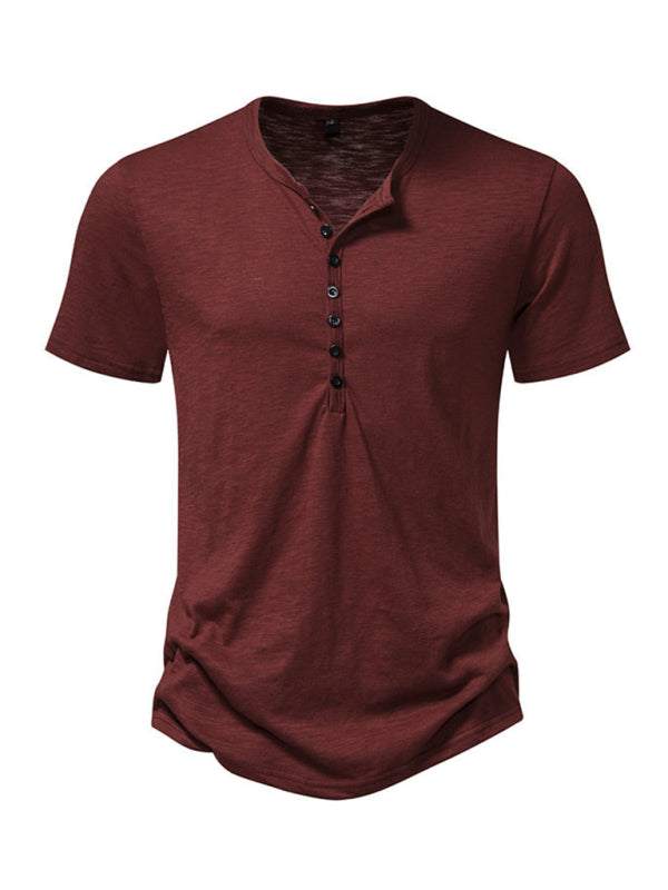 Men's Henley casual fashion basic short sleeve T-shirt, solid color, knit fabric, spring-summer style.