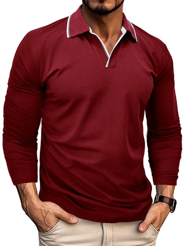 Men's stylish contrast long-sleeve V-neck polo shirt in red.