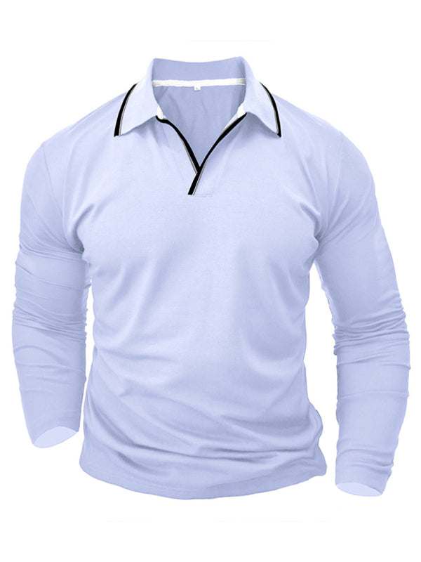 Stylish Contrast Long-Sleeve V-Neck Polo Shirt for Men - Elevate Your Casual Wardrobe