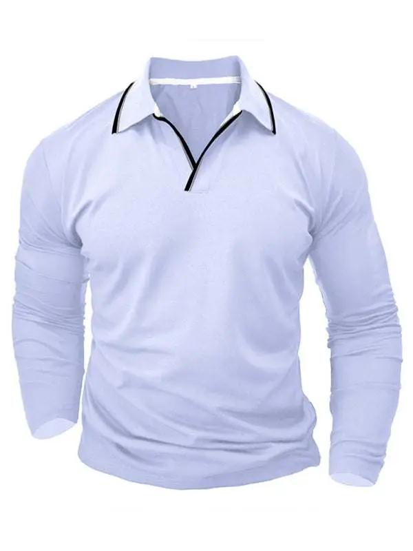 Stylish Contrast Long-Sleeve V-Neck Polo Shirt for Men - Elevate Your Casual Wardrobe - MENLL