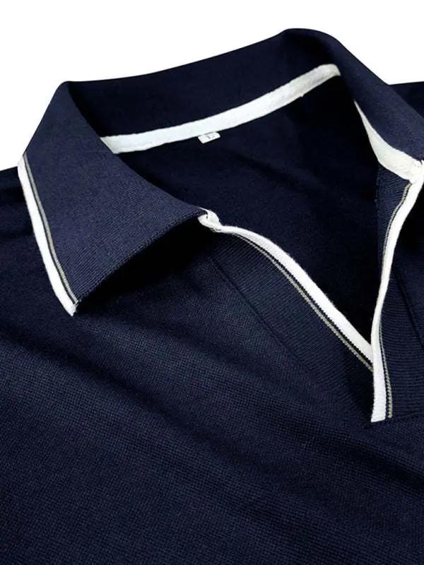 Stylish Contrast Long-Sleeve V-Neck Polo Shirt for Men - Elevate Your Casual Wardrobe - MENLL
