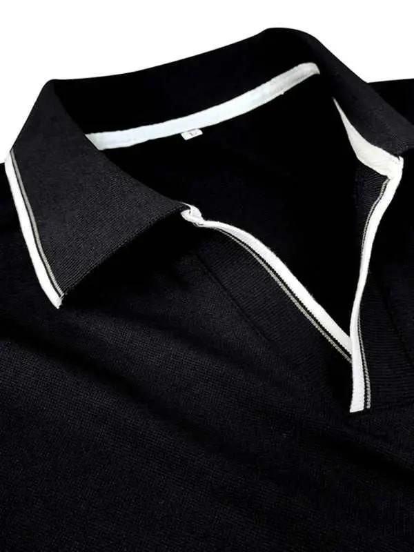 Stylish Contrast Long-Sleeve V-Neck Polo Shirt for Men - Elevate Your Casual Wardrobe - MENLL