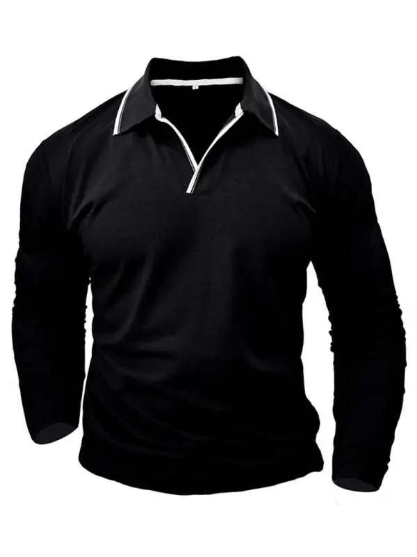 Stylish Contrast Long-Sleeve V-Neck Polo Shirt for Men - Elevate Your Casual Wardrobe - MENLL
