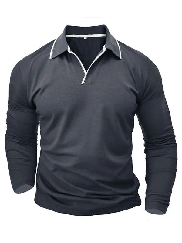 Stylish Contrast Long-Sleeve V-Neck Polo Shirt for Men - Elevate Your Casual Wardrobe - MENLL