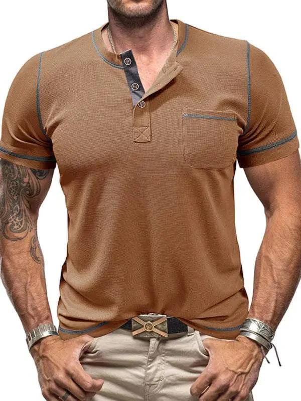 Vintage-Inspired Men's Short Sleeve Henley T-Shirt for Effortless Style - MENLL