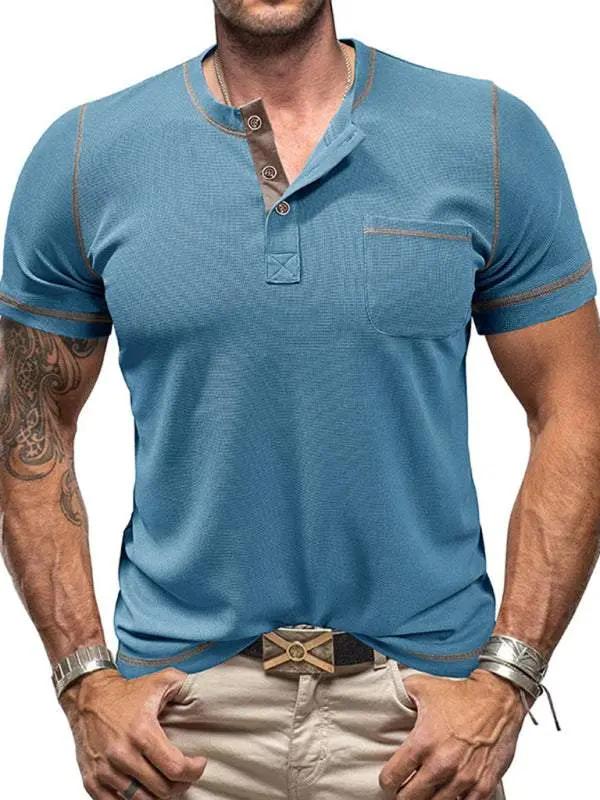 Vintage-Inspired Men's Short Sleeve Henley T-Shirt for Effortless Style - MENLL