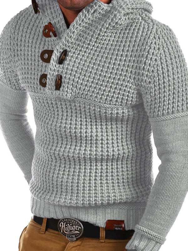 Solid color lapel collar pullover sweater with horn button detail, men's fashion.