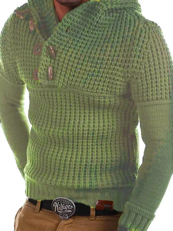 Sleek Men’s Lapel Collar Pullover Sweater with Unique Horn Button Detail - MENLL