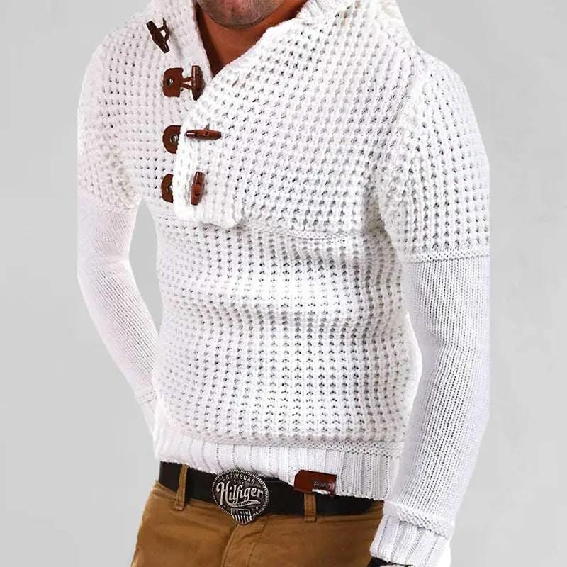 Sleek Men’s Lapel Collar Pullover Sweater with Unique Horn Button Detail - MENLL