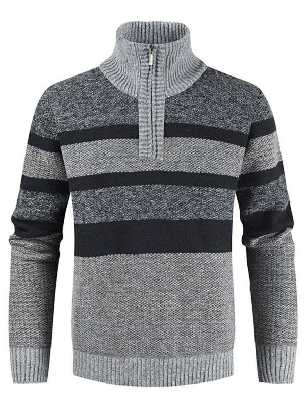 Color-blocked knitted pullover sweater for men with stand collar in gray and black stripes.