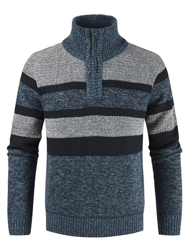 Stylish Color-Blocked Knitted Pullover Sweater for Men with Stand Collar – Perfect for Autumn-Winter Casual Wear