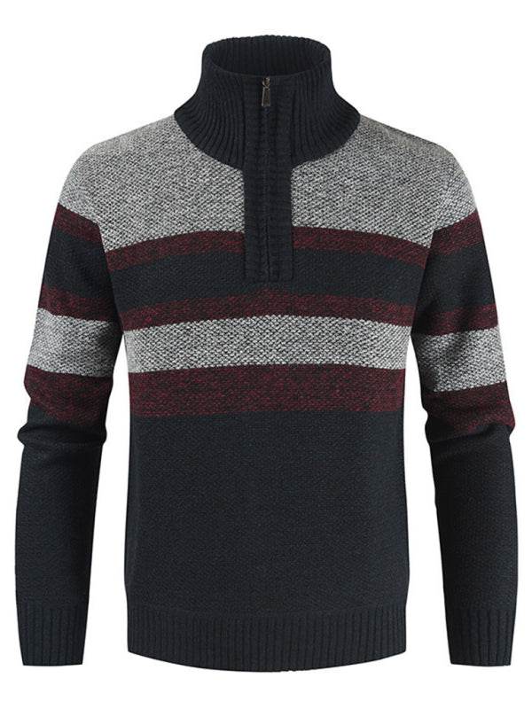 Stylish Color-Blocked Knitted Pullover Sweater for Men with Stand Collar – Perfect for Autumn-Winter Casual Wear