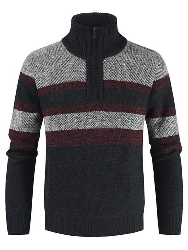 Stylish Color-Blocked Knitted Pullover Sweater for Men with Stand Collar – Perfect for Autumn-Winter Casual Wear - MENLL