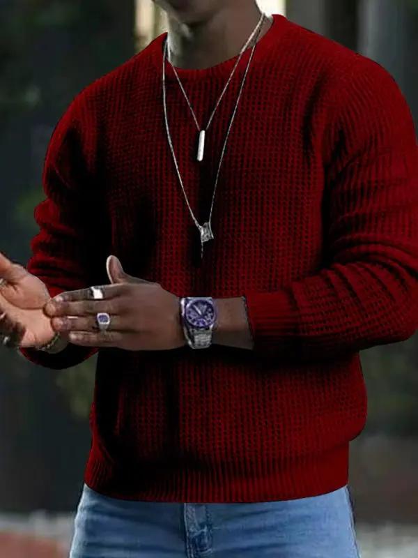 Versatile Men's Waffle Knit Long-Sleeve Sweater - Thin Round Neck for All Seasons - MENLL