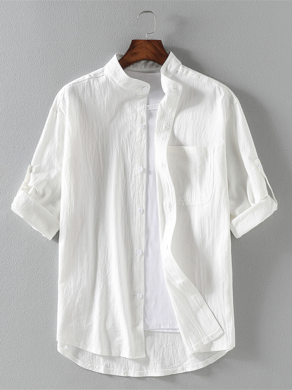 Stylish Men's Lightweight Short Sleeve Stand Collar Shirt for Effortless Spring-Summer Fashion - MENLL