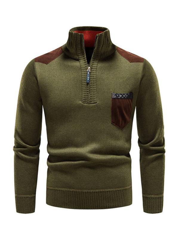 Men's stylish patchwork knit sweater with half-zip and stand-up collar.