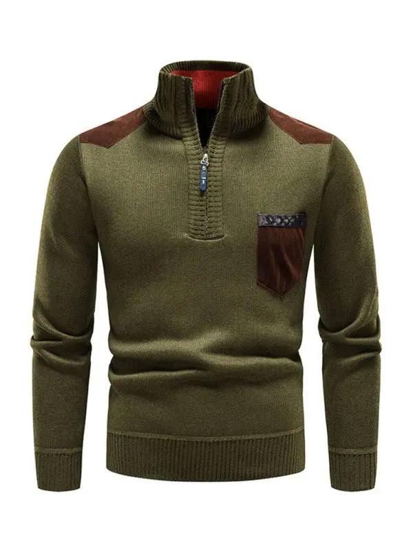 Men's stylish patchwork knit sweater with half-zip and stand-up collar.