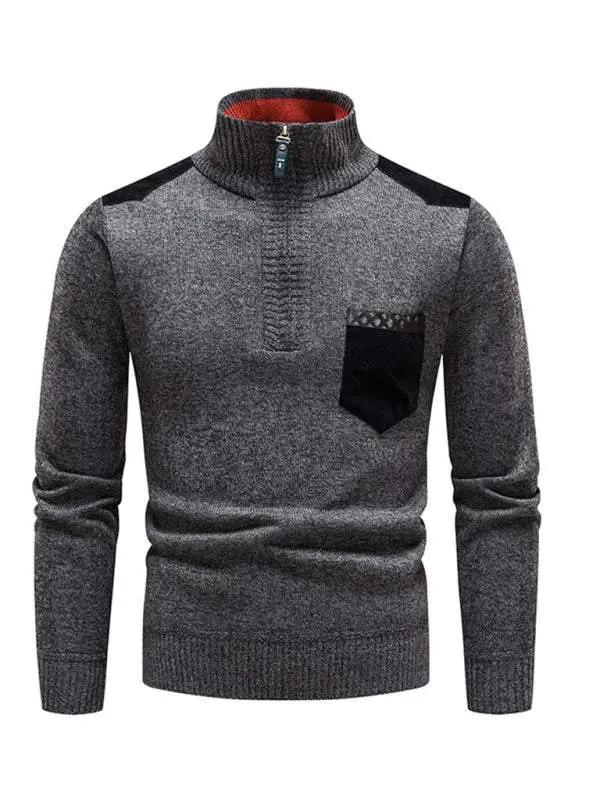 Thickened Half-Zip Stand-Up Collar Pullover Sweater for Men - Stylish Patchwork Knit for Ultimate Comfort and Versatility - MENLL