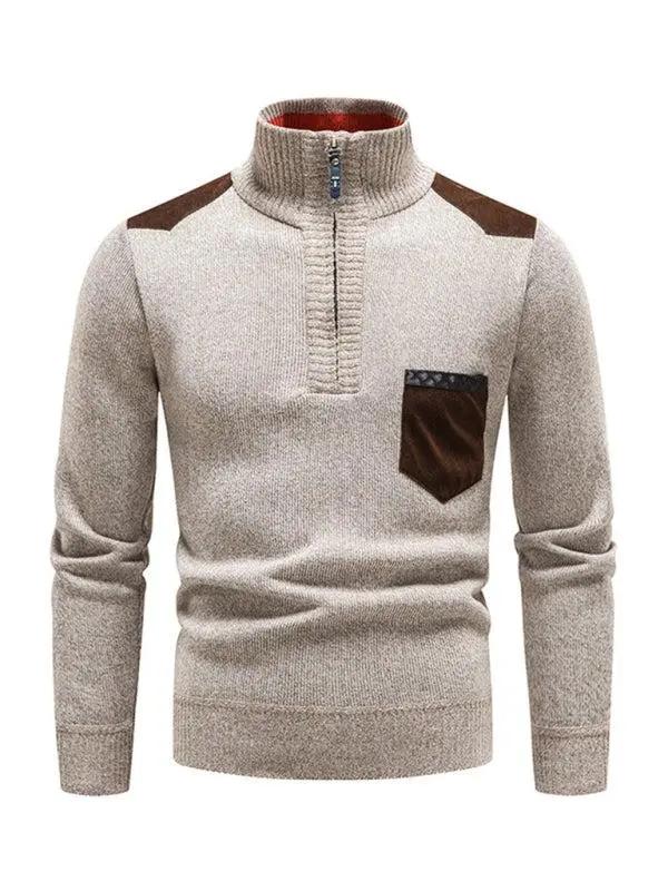 Thickened Half-Zip Stand-Up Collar Pullover Sweater for Men - Stylish Patchwork Knit for Ultimate Comfort and Versatility - MENLL
