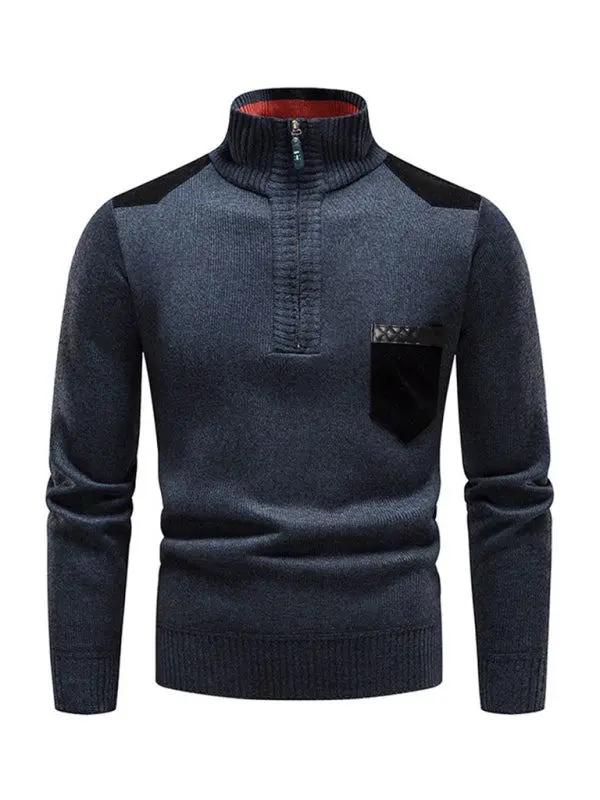 Thickened Half-Zip Stand-Up Collar Pullover Sweater for Men - Stylish Patchwork Knit for Ultimate Comfort and Versatility - MENLL