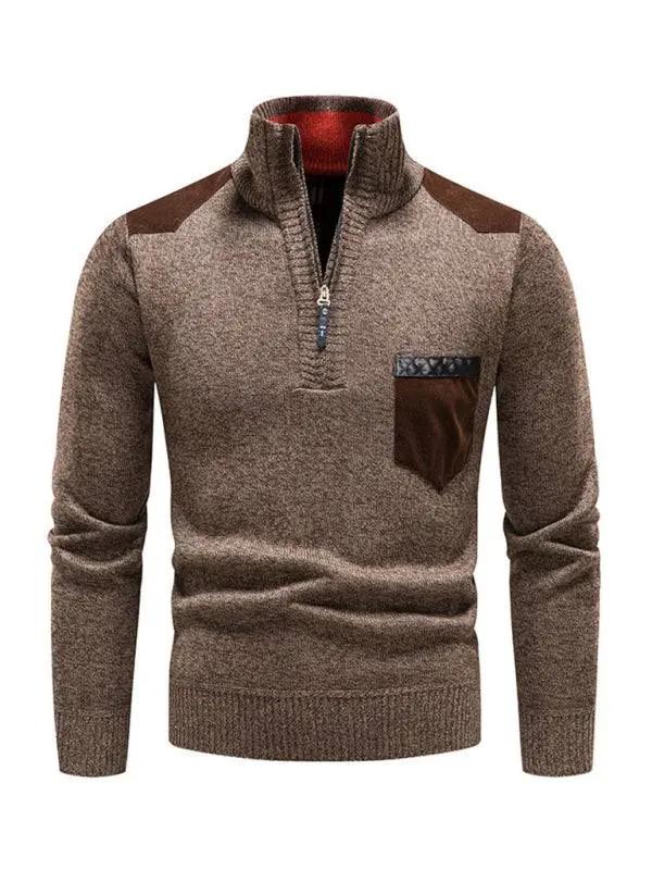 Thickened Half-Zip Stand-Up Collar Pullover Sweater for Men - Stylish Patchwork Knit for Ultimate Comfort and Versatility - MENLL