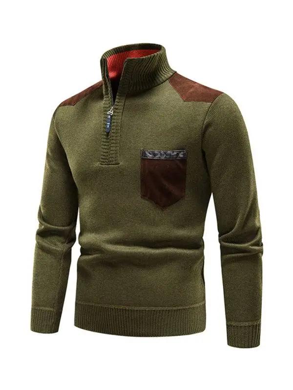 Thickened Half-Zip Stand-Up Collar Pullover Sweater for Men - Stylish Patchwork Knit for Ultimate Comfort and Versatility - MENLL