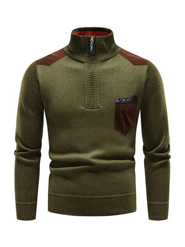 Thickened Half-Zip Stand-Up Collar Pullover Sweater for Men - Stylish Patchwork Knit for Ultimate Comfort and Versatility - MENLL