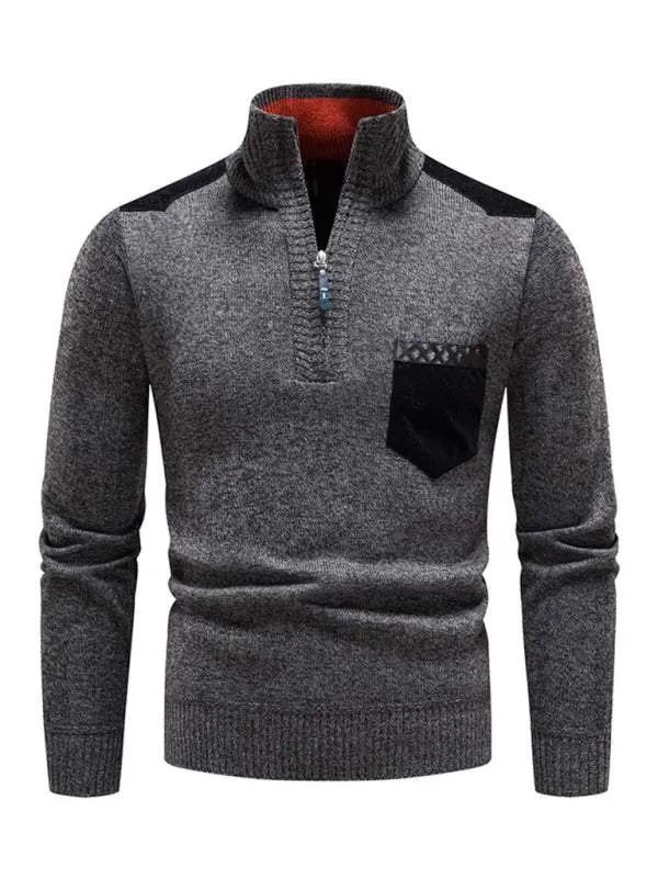 Thickened Half-Zip Stand-Up Collar Pullover Sweater for Men - Stylish Patchwork Knit for Ultimate Comfort and Versatility - MENLL