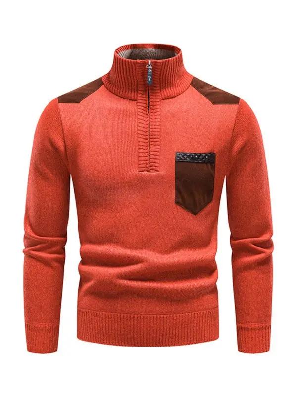 Thickened Half-Zip Stand-Up Collar Pullover Sweater for Men - Stylish Patchwork Knit for Ultimate Comfort and Versatility - MENLL
