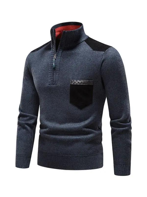 Thickened Half-Zip Stand-Up Collar Pullover Sweater for Men - Stylish Patchwork Knit for Ultimate Comfort and Versatility - MENLL