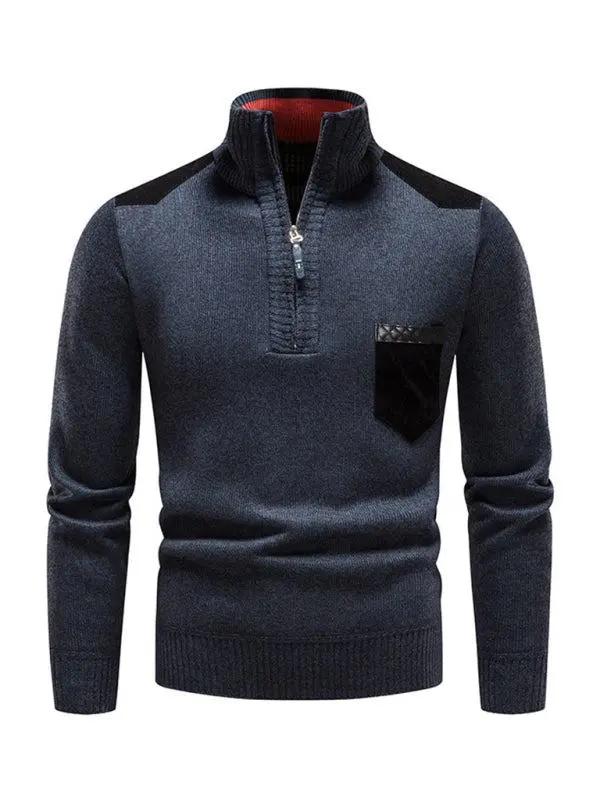 Thickened Half-Zip Stand-Up Collar Pullover Sweater for Men - Stylish Patchwork Knit for Ultimate Comfort and Versatility - MENLL