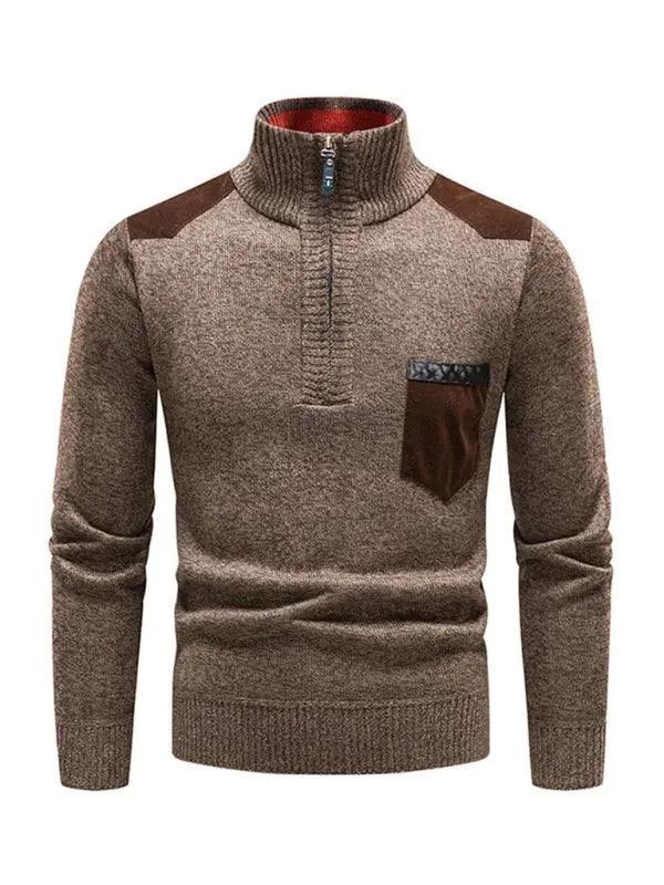 Thickened Half-Zip Stand-Up Collar Pullover Sweater for Men - Stylish Patchwork Knit for Ultimate Comfort and Versatility - MENLL