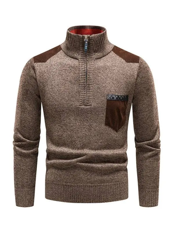 Thickened Half-Zip Stand-Up Collar Pullover Sweater for Men - Stylish Patchwork Knit for Ultimate Comfort and Versatility - MENLL