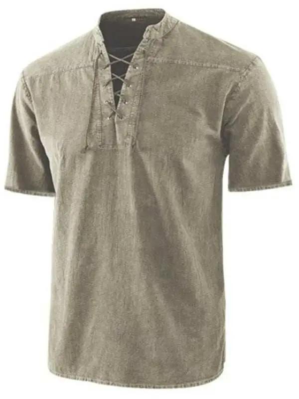 Men's retro lace-up collar short sleeve shirt in beige, perfect for effortless style.