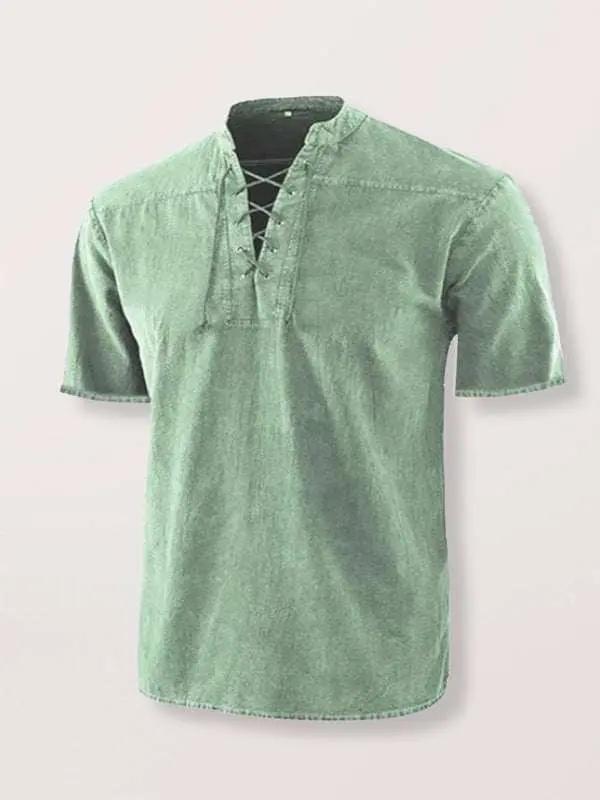 Chic Men's Retro Lace-Up Collar Short Sleeve Shirt for Effortless Style - MENLL