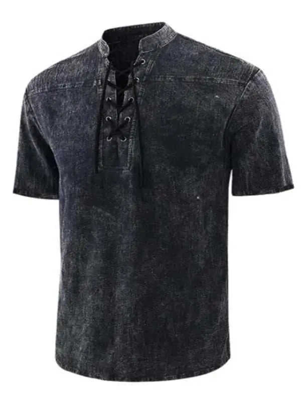 Chic Men's Retro Lace-Up Collar Short Sleeve Shirt for Effortless Style - MENLL