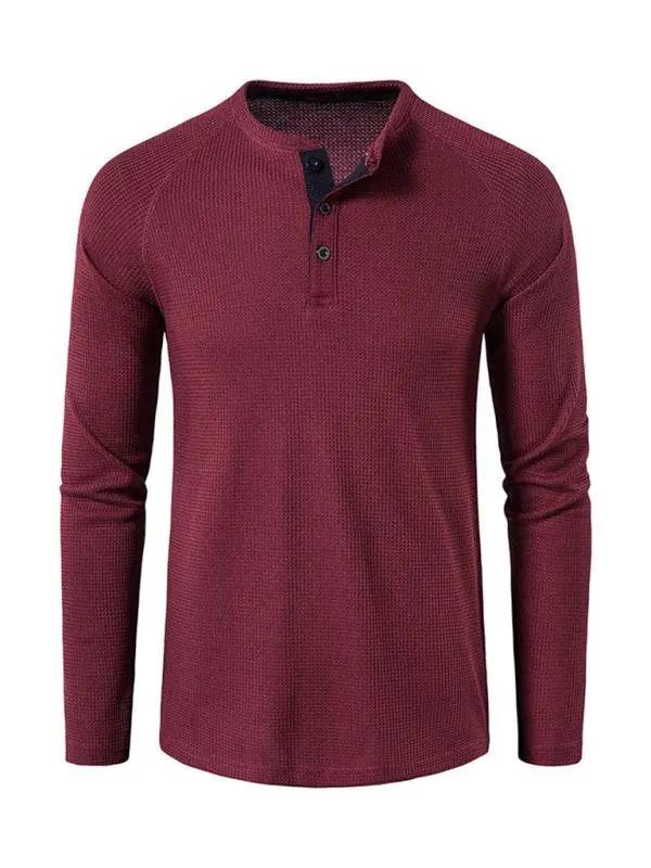 Sophisticated Long-Sleeve Men's Button-Down T-Shirt in Solid Colors – Perfect for Every Occasion! - MENLL