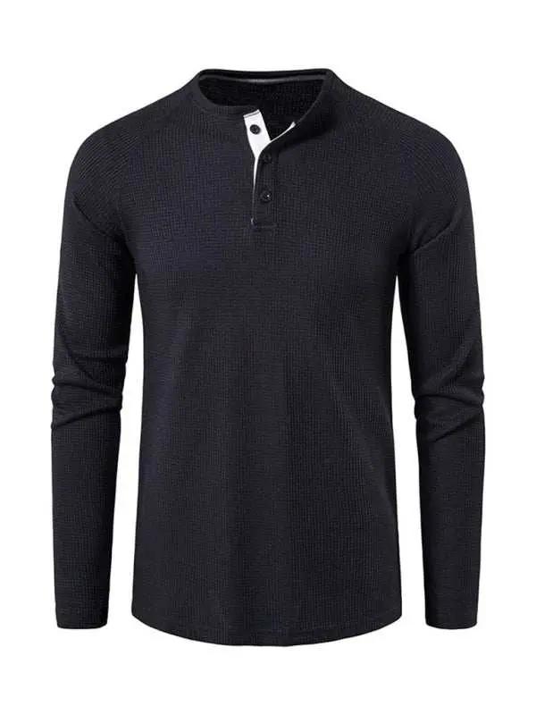 Sophisticated Long-Sleeve Men's Button-Down T-Shirt in Solid Colors – Perfect for Every Occasion! - MENLL
