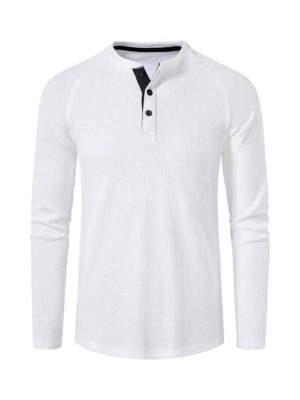 Sophisticated Long-Sleeve Men's Button-Down T-Shirt in Solid Colors – Perfect for Every Occasion! - MENLL