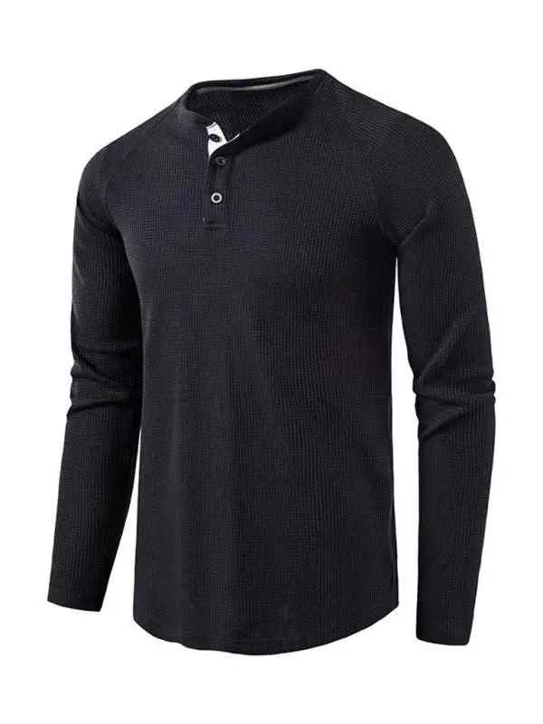 Sophisticated Long-Sleeve Men's Button-Down T-Shirt in Solid Colors – Perfect for Every Occasion! - MENLL