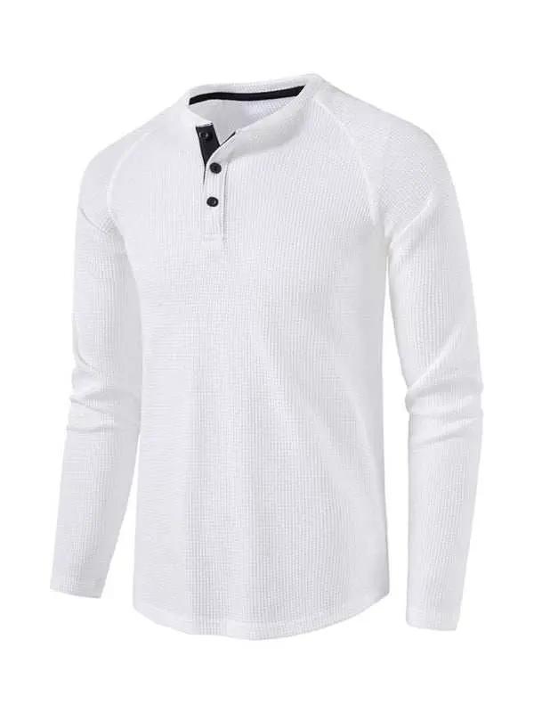Sophisticated Long-Sleeve Men's Button-Down T-Shirt in Solid Colors – Perfect for Every Occasion! - MENLL