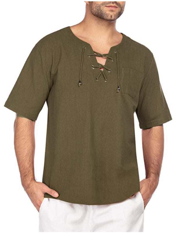 Men's casual tie collar short sleeve T-shirt in cotton-linen blend for spring-summer fashion.
