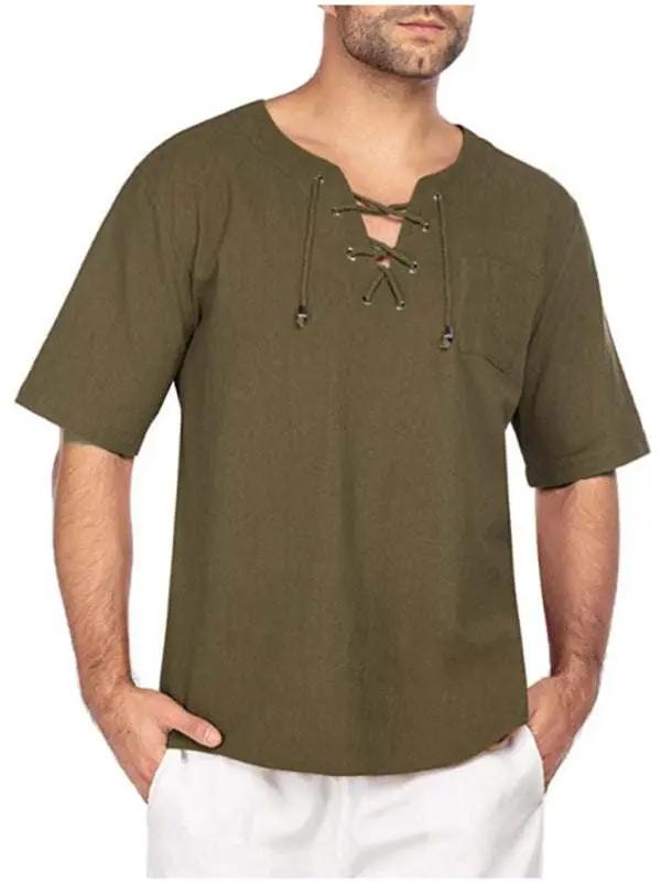 Men's casual tie collar short sleeve T-shirt in cotton-linen blend for spring-summer fashion.